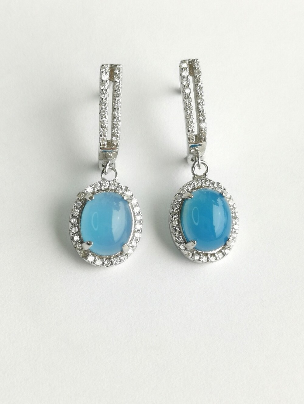 Blue chalcedony CZ Halo Sterling Silver Lever Back Earrings